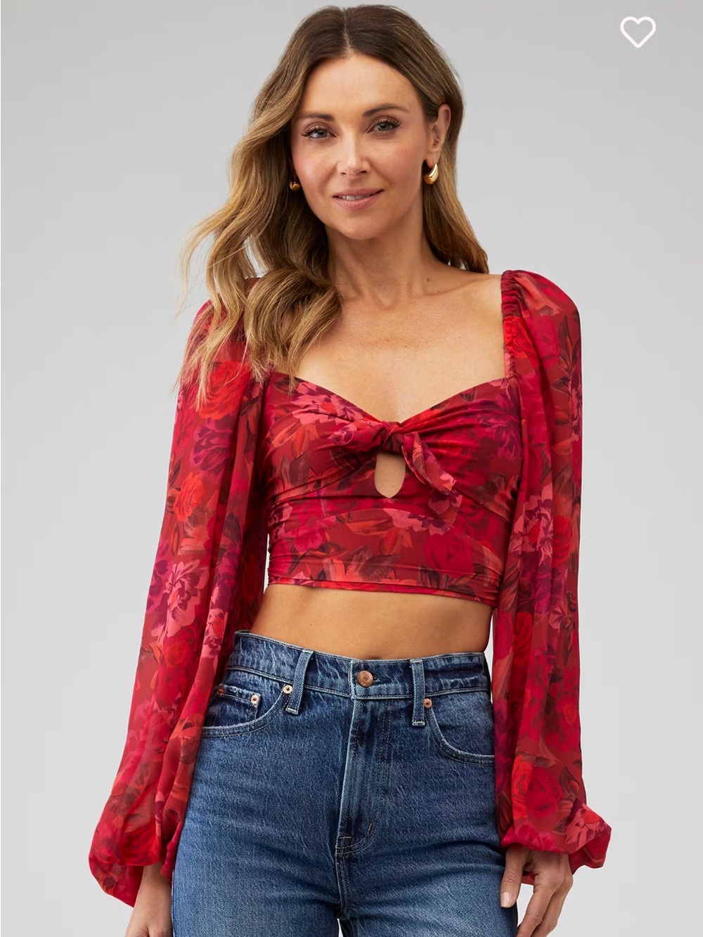 For Love and Lemons Trisha Crop Top Red Floral Tie-Front Long Sleeve size Xs